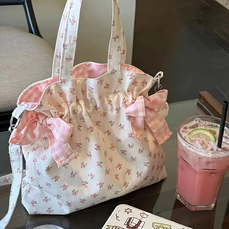 Floral Print Handbag with Adjustable Shoulder Strap and Bow Decoration - Versatile Crossbody Bag