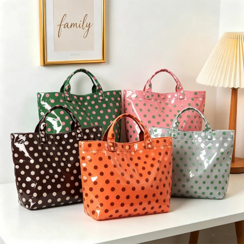 Korean Style Polka Dot Tote Bag PVC Waterproof Large Capacity Handbag Travel Shoulder Bag Shopping Portable Lightweight Casual