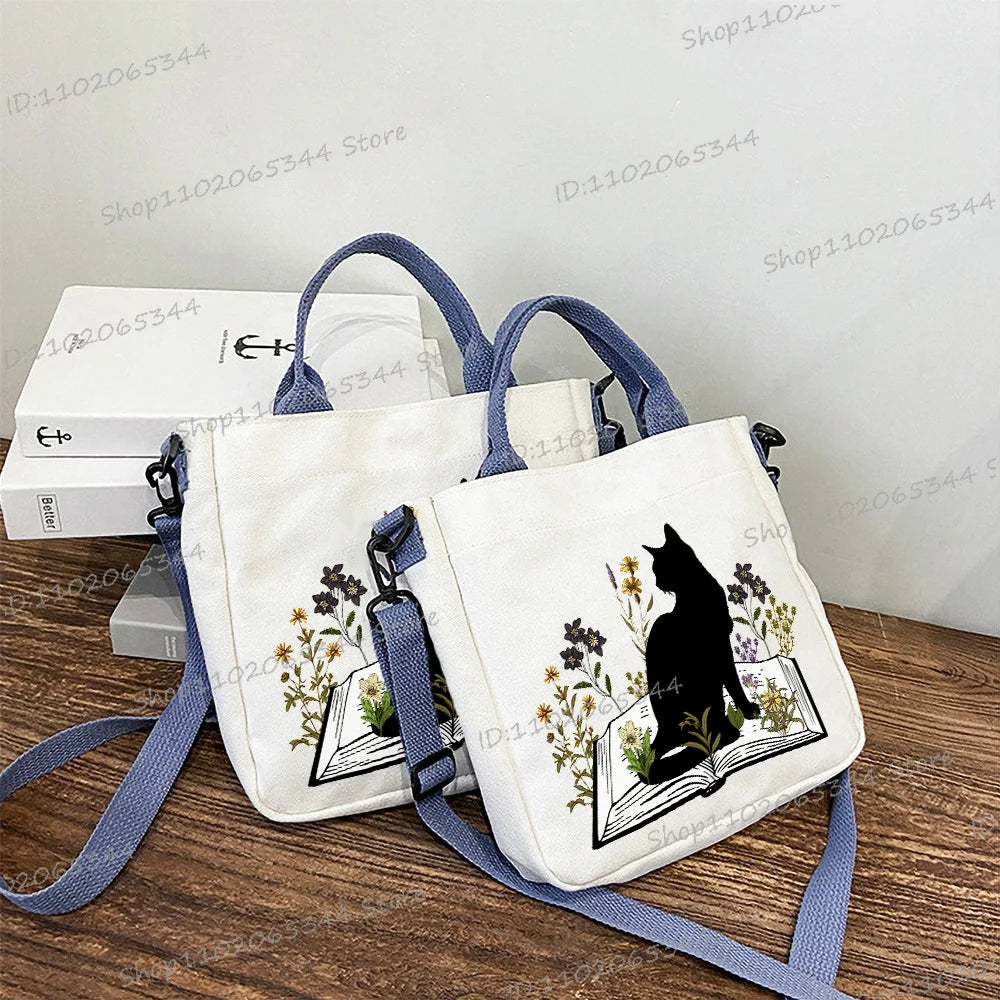 Wild Flower Book and Cat Print Canvas Handbag For Women Multi-Functional Lightweight Crossbody Bag Animal Bookworm Shoulder Bag