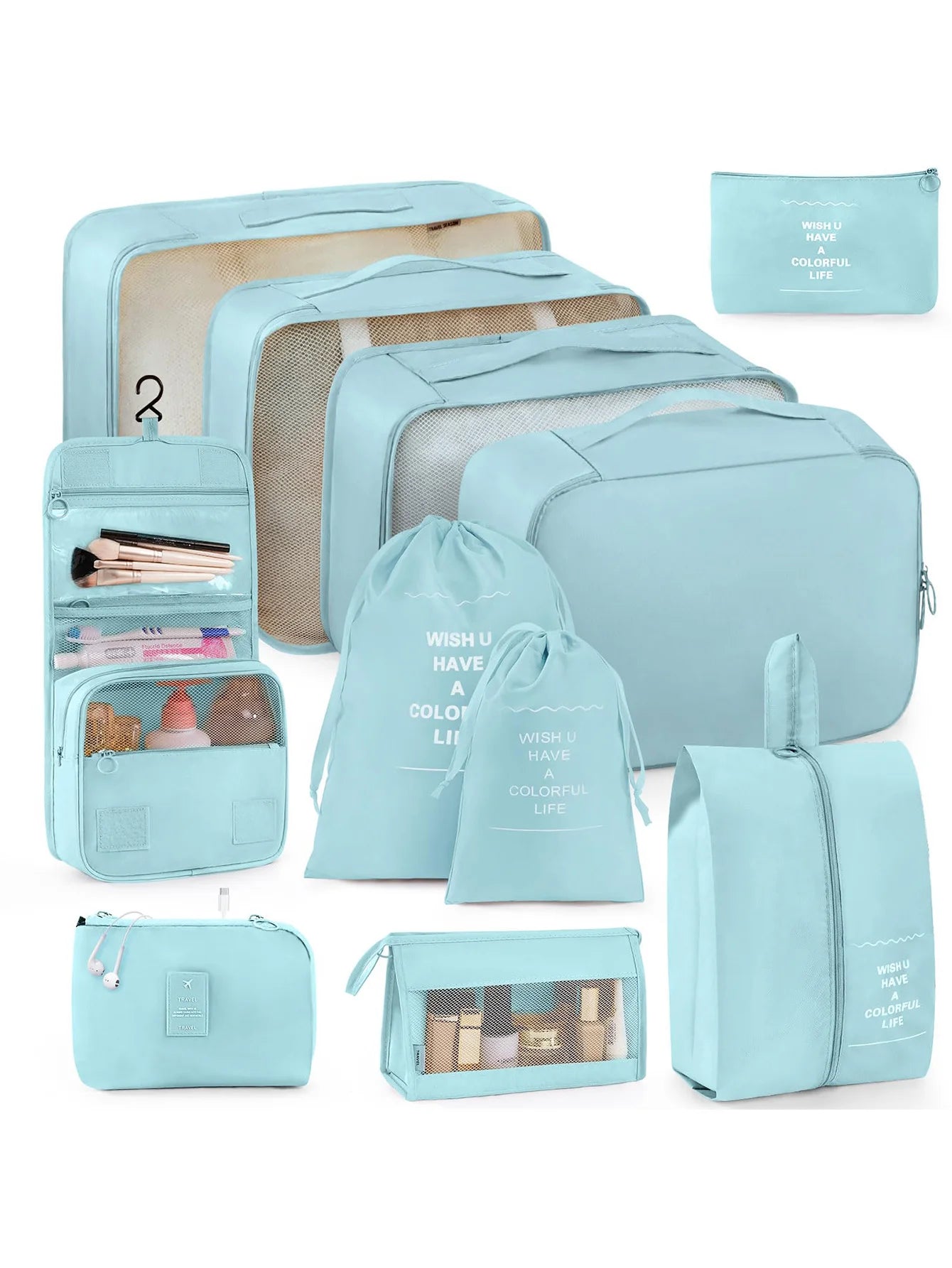 11-Piece Portable Travel Storage Bag Set - Easily Organize Your Clothes, Shoes, and Underwear - Perfect for Daily Travel, Business Trips, Home Storage, Suitable for Luggage and Suitcases, Travel Storage Bags with Slogan Patte