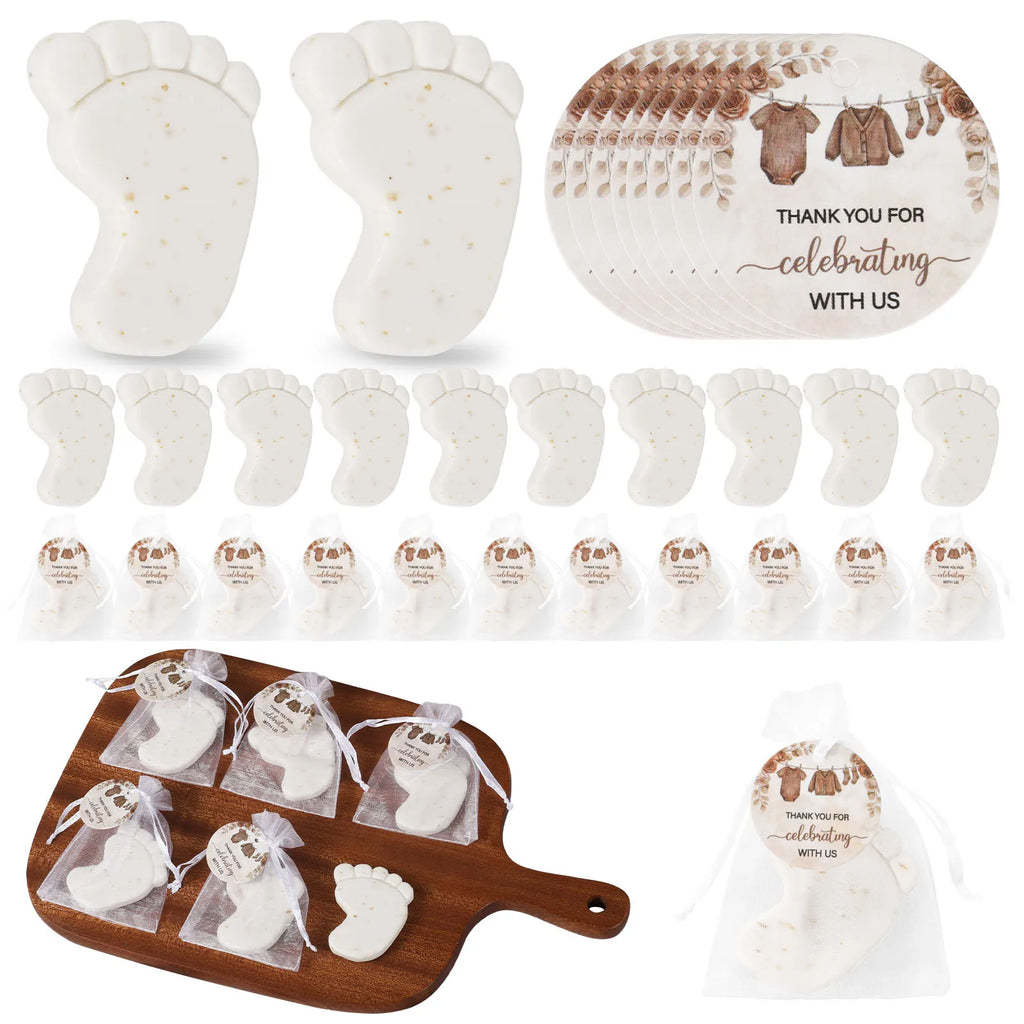 50 Sets Baby Shower Favors Cute Footprint Oatmeal Glycerin Soaps with Organza Bag and Thank You Card Keepsake Present for Guests