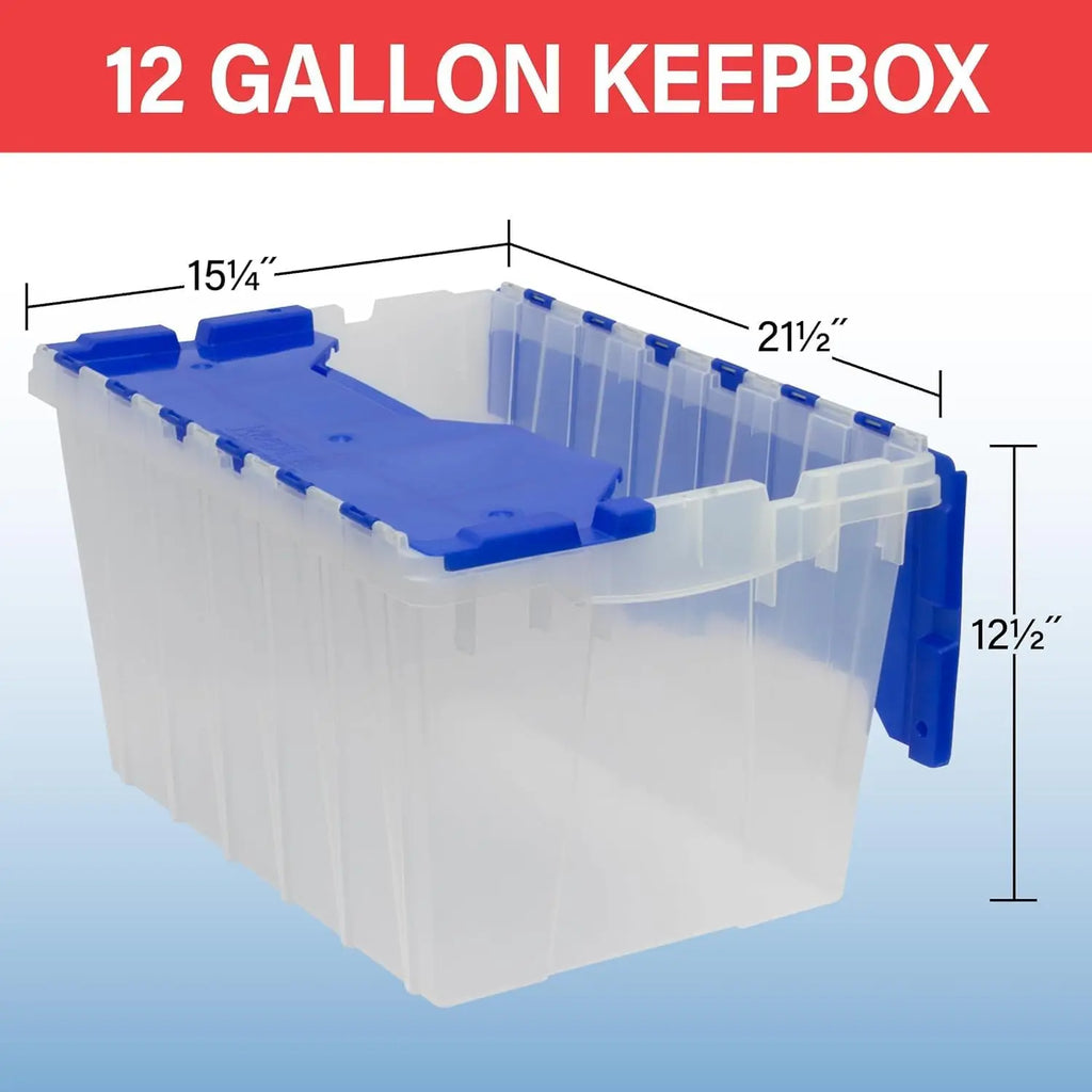 12 Gallon Storage Container, Nesting and Stackable Plastic Storage Box with Lid Attached, Clear Tote for Garages, Closets, and Moving, 21-1/2" x 15" x 12-1/2", Clear/Blue