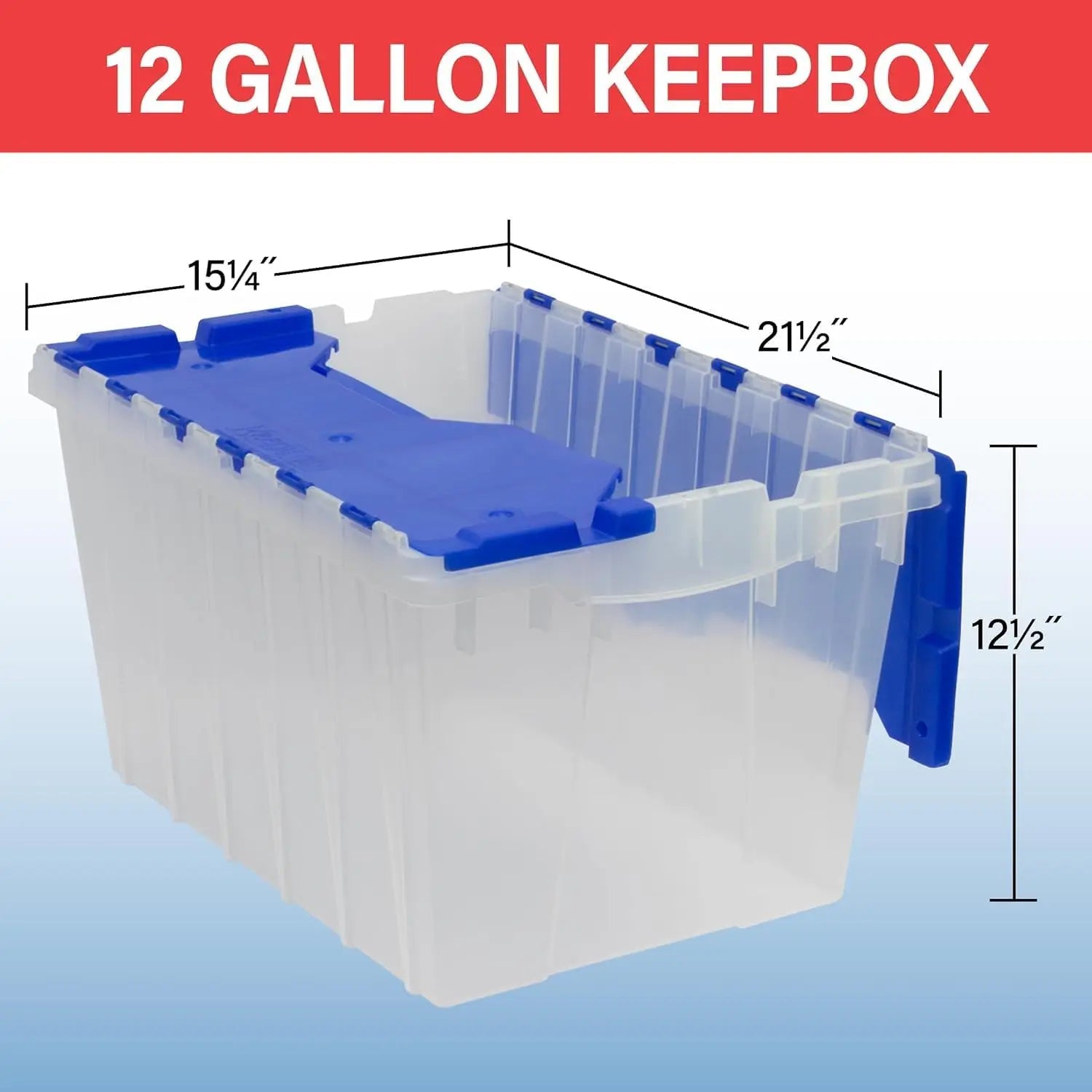 12 Gallon Storage Container, Nesting and Stackable Plastic Storage Box with Lid Attached, Clear Tote for Garages, Closets, and Moving, 21-1/2" x 15" x 12-1/2", Clear/Blue