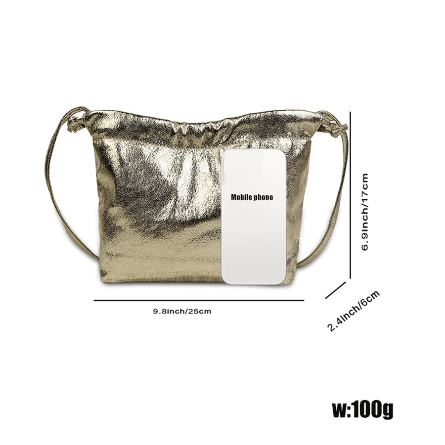 Golden Drawstring Lightweight Portable Evening Bag Sunday Party Shopping Versatile Handbag to Store Mobile Phone Shoulder Bag