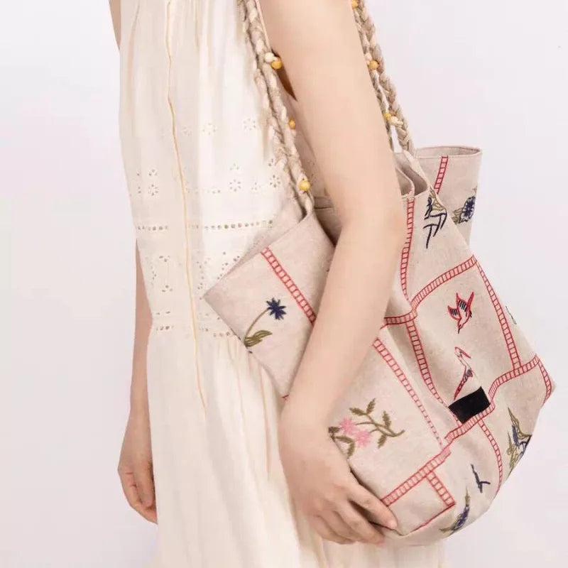 2026 New Unique Floral Bird Embroidery Linen Tote Bag Large Capacity Women Vacation Shoulder Handbag