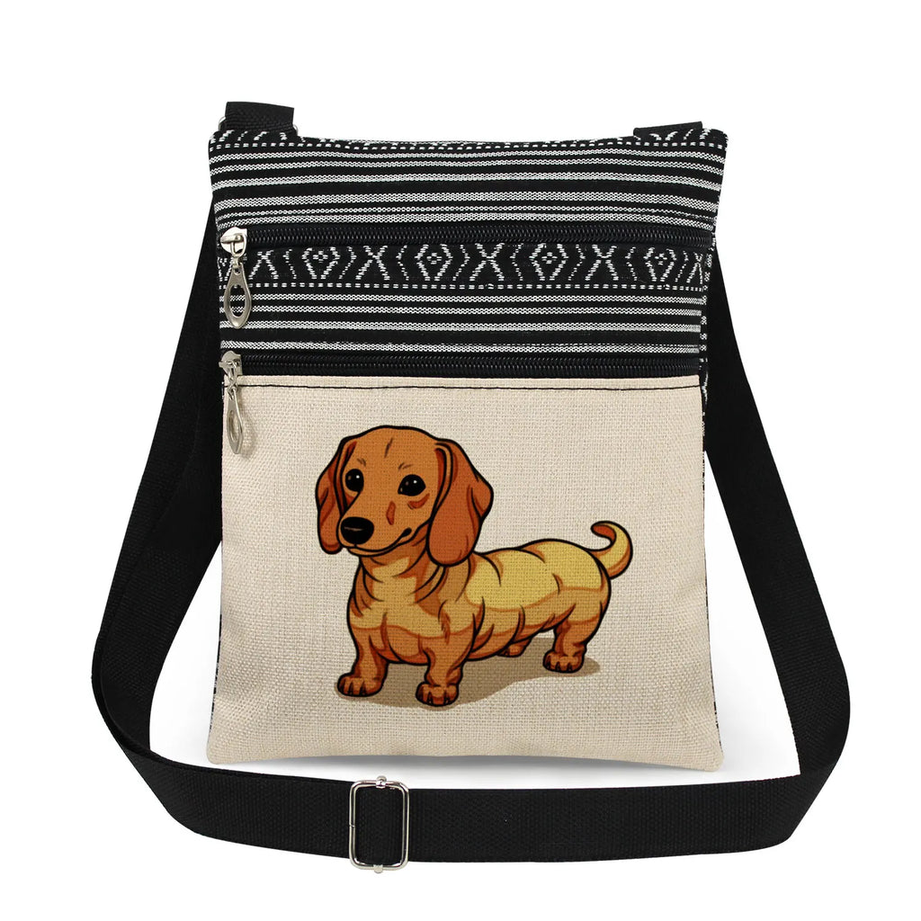 Cute Dachshund Print Crossbody Bag Female Floral Animal Shoulder Bags Fashion Outdoor Portable Double Zipper Lady Messenger Bag