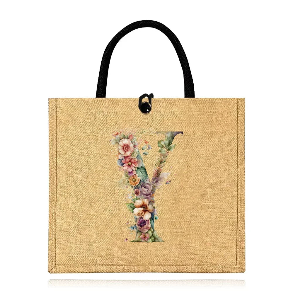 Flax Bag Fastener Handbag Organizer Storage Jute Tote Bags Imitation Cotton Women Valise Portable Floral Letter Printing Series