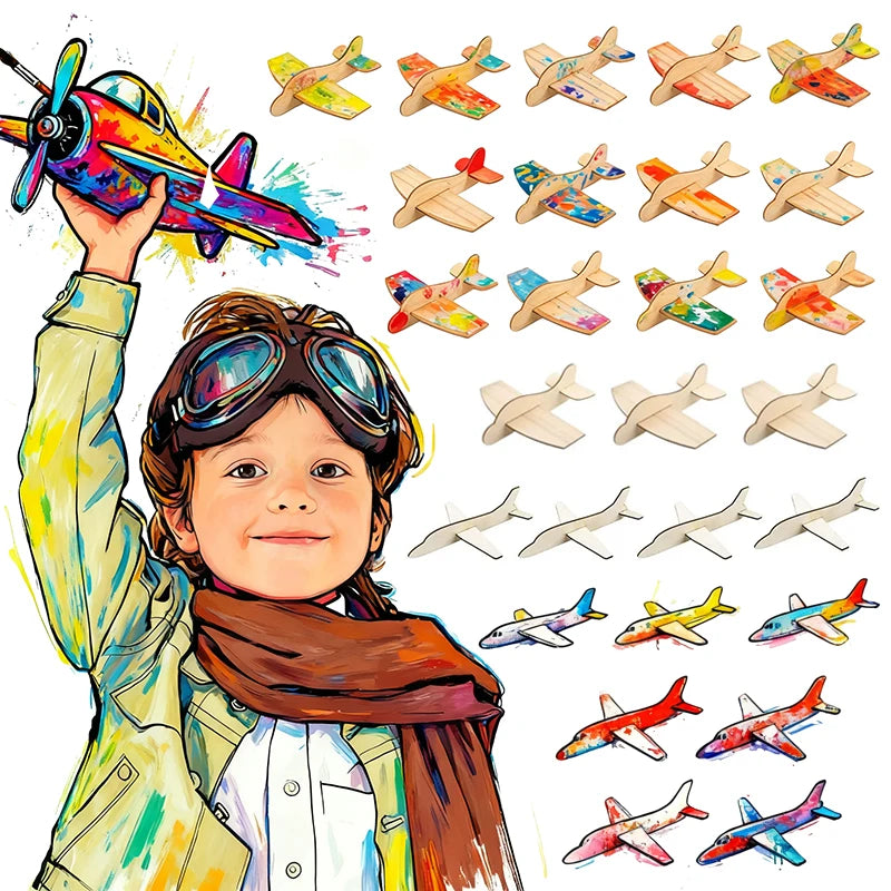 Kids DIY Graffiti Wooden Board Airplane Craft Toys Parish Open Learning Drawing Materials Glider 3D Puzzles Airplane Model Toys