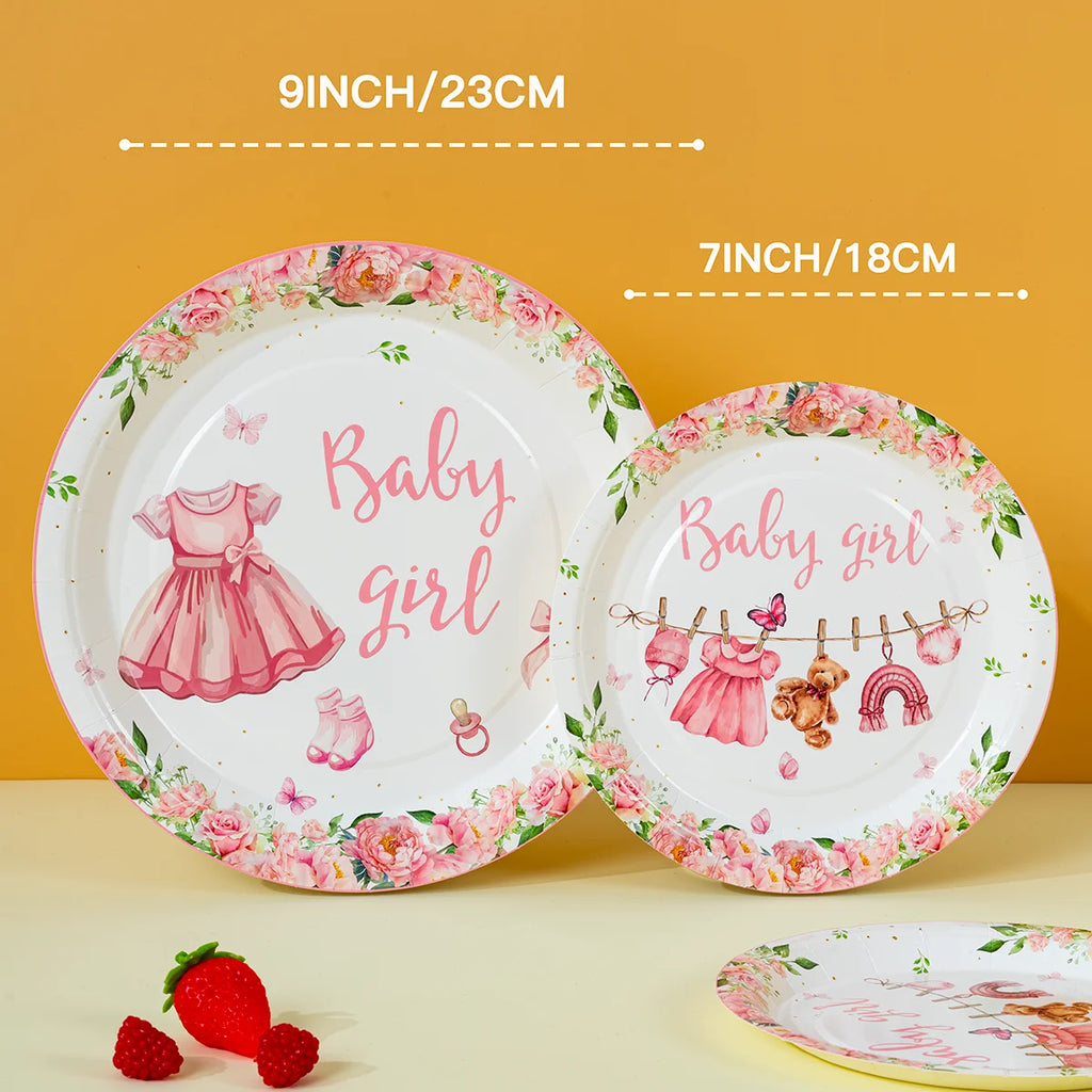 10/25/50pcs Pink Floral Baby Girl Disposable Paper Plates, Cute Themed Tableware for Baby Shower Decor