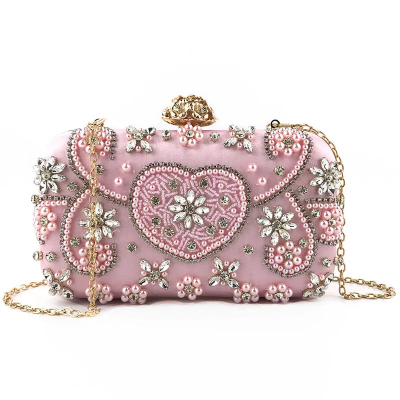 2025 Satin Vintage Women Party Evening Bags Metal Flower Luxury Diamonds Clutch Rhinestones Handbags Chain Shoulder Bag