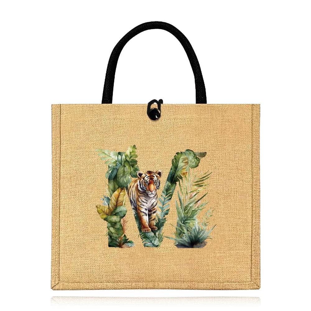 Flax Bag Fastener Handbag Organizer Storage Jute Tote Bags Imitation Cotton Women Valise Portable Jungle Tiger Printing Series