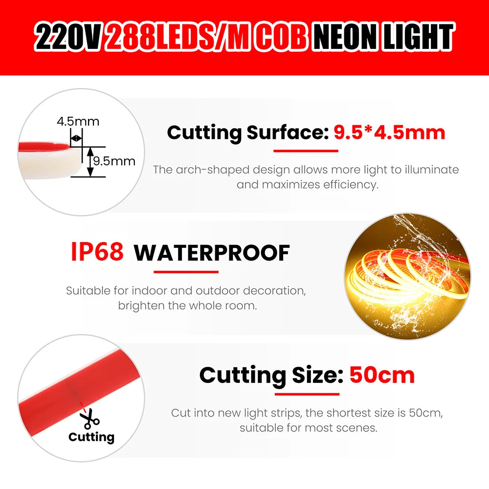 220V Bluetooth WIFI COB Neon LED Strip Light With Adhesive Tape 23key Remote Control Power Kit 288LED Waterproof Flexible Ribbon