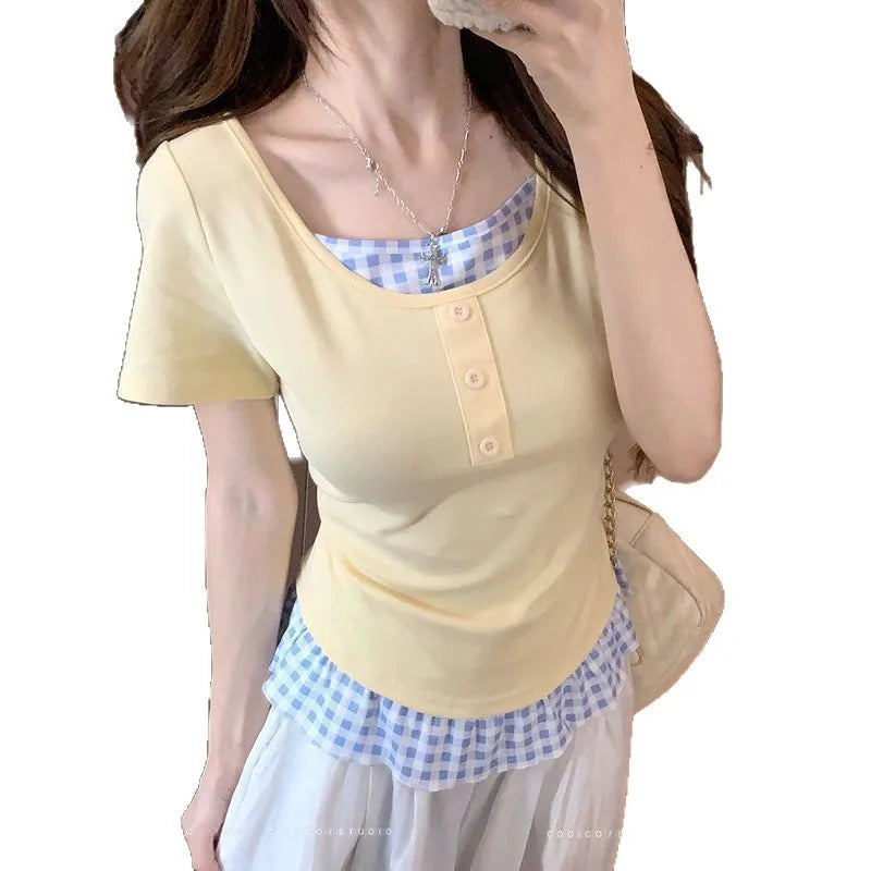 Summer Plus Size Women's New Commuter Style Fake Two-Piece Color-Contrast Spliced Plaid Round Neck Short Sleeve T-Shirt