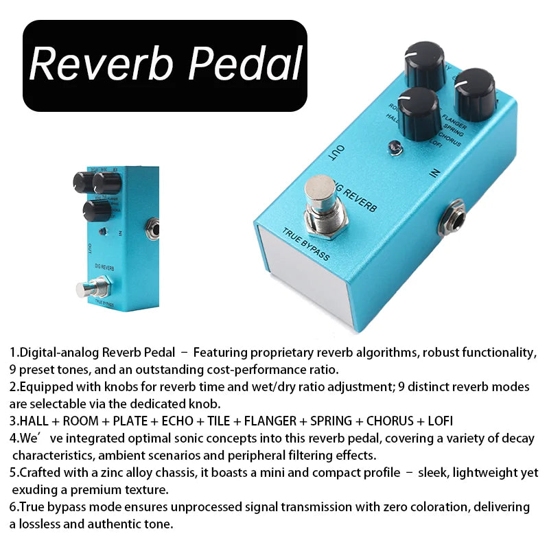 Digital Reverb Pedal Electric Guitar Single Effect Reverb Pedal 9 Modes Room Hall Chorus Spring Plate Flanger Eaho True Bypass