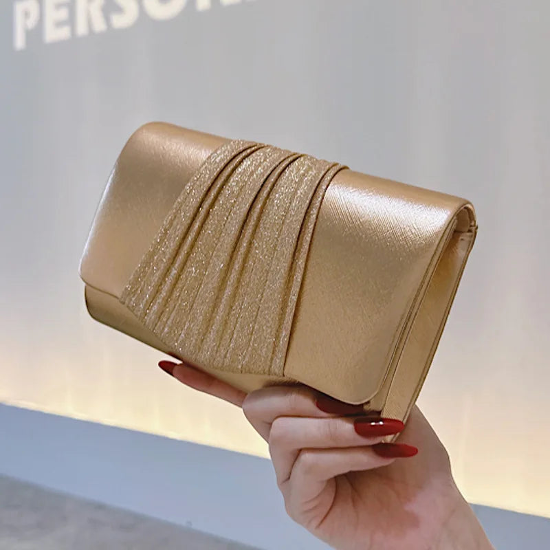 Golden Small Evening Clutch Bag for Women, Trendy Prom Party Purse, Metal Chain Shoulder Crossbody Handbag Femme Dinner Bolsa