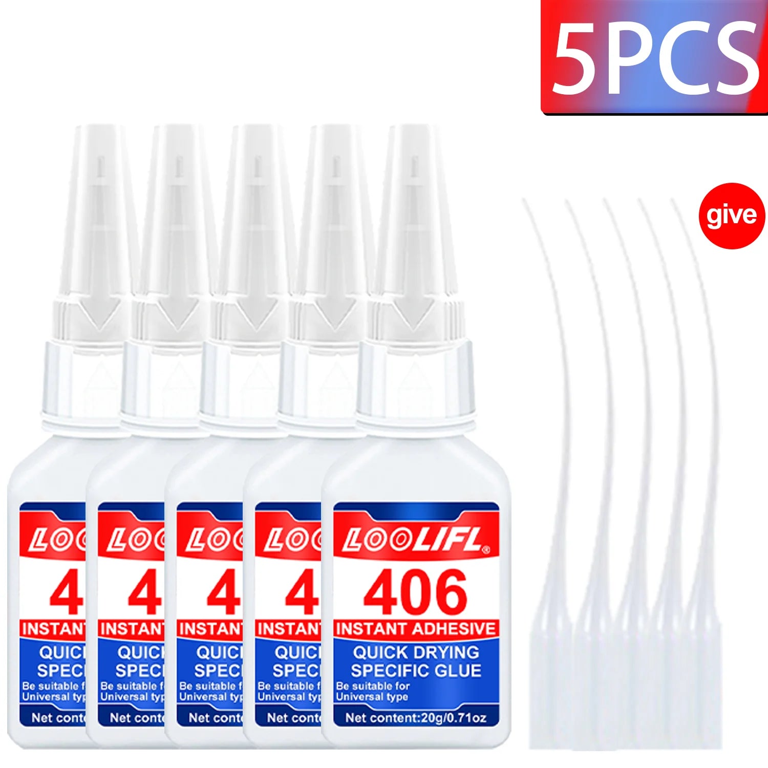 LOOLIFL 5PCS 20g 406 Super Glue Instant Quick-Drying Cyanoacrylate Adhesive Leather Rubber Wood  Metal Strong DIY Home Repair