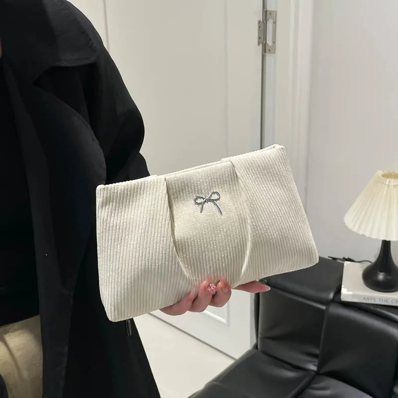 Bow Decoration Corduroy Women's Bag Female Large Capacity Cosmetic Bag Fashion Clutches Purse For Women