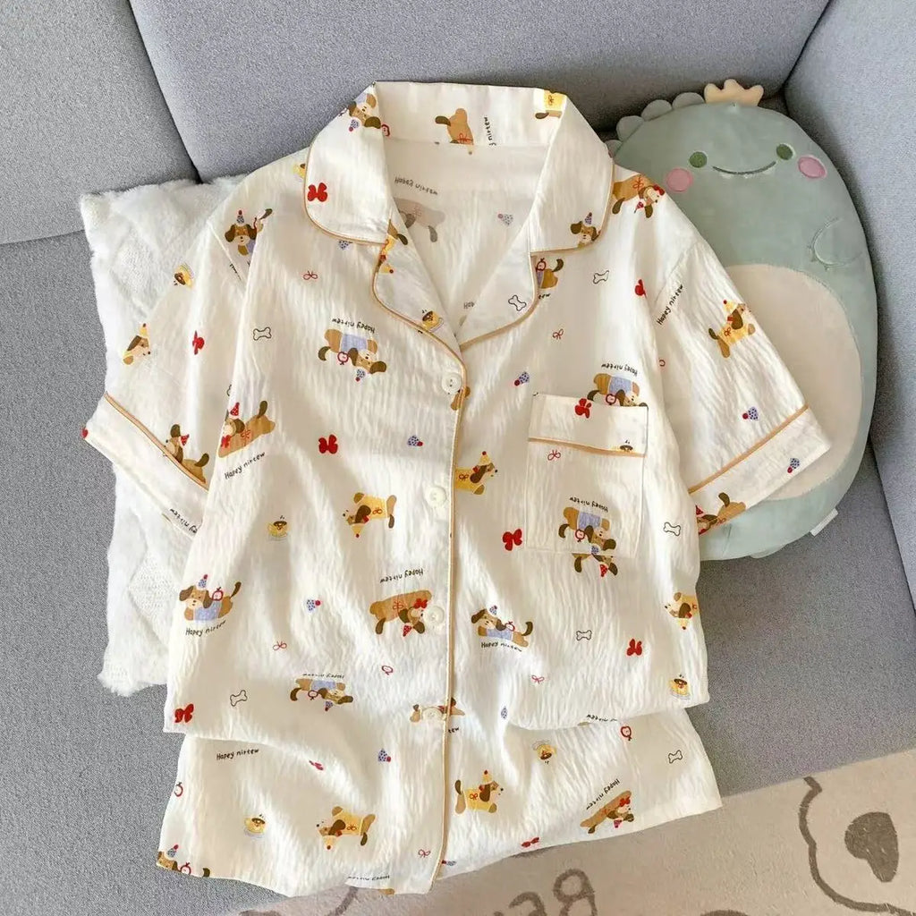 Summer Pajamas for Women, Thin Style with Puppy Pattern, Short-Sleeved Shorts, Sweet and Cute, Can Be Worn Outside in Summer, Home Wear Set, Two-Piece Set