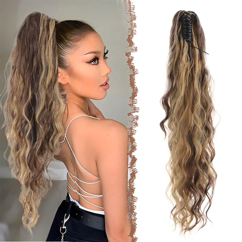 AOOSOO Synthetic Water Ponytail Hair Extension Clip On Woman's Ponytail Hair Accessories Long Curly Wig Natural Curly Black