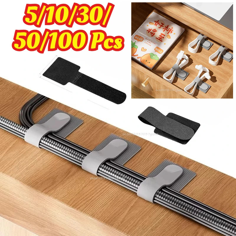 Self Adhesive Reusable Hook and Loop Cable Ties - Adjustable Cord Organizer Straps for Desk, Home & Office Cable Management