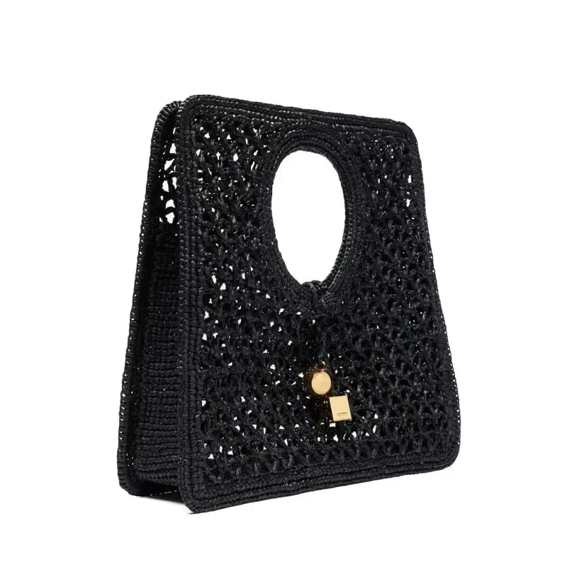 Interlocking-closure Tote Bag Women Black Flat Woven-raffia Luxury Designer Handbag New Gold Metal Rond-carré Charms Female Bags