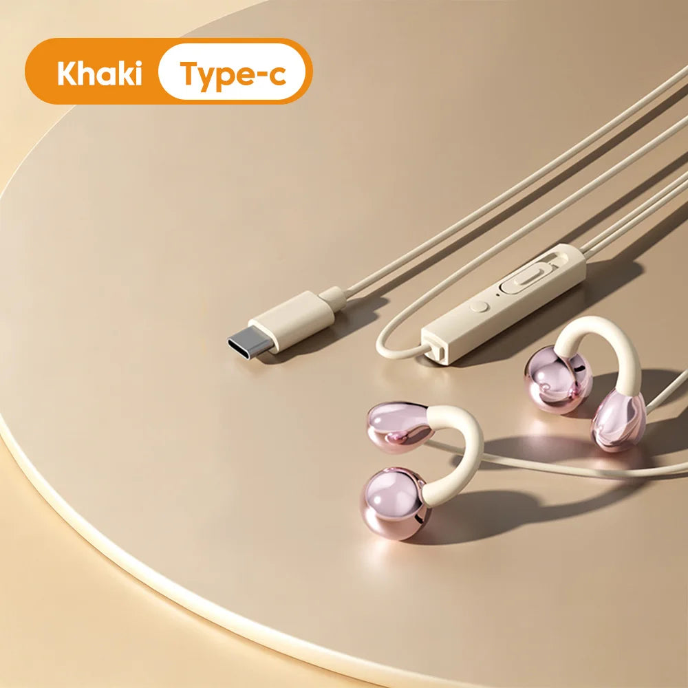 3.5MM/Type C Wired Headphones With Microphone HiFi Sound Ear Clip Wired Earphones Sports Headsets for iphone 15 16 17 Samsung