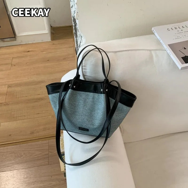 CEEKAY Minimal Linen PU Spliced Large Tote Bag Leather Long Handle Blank Front Tag Two Ways Carry Light Portable Shoulder Purse