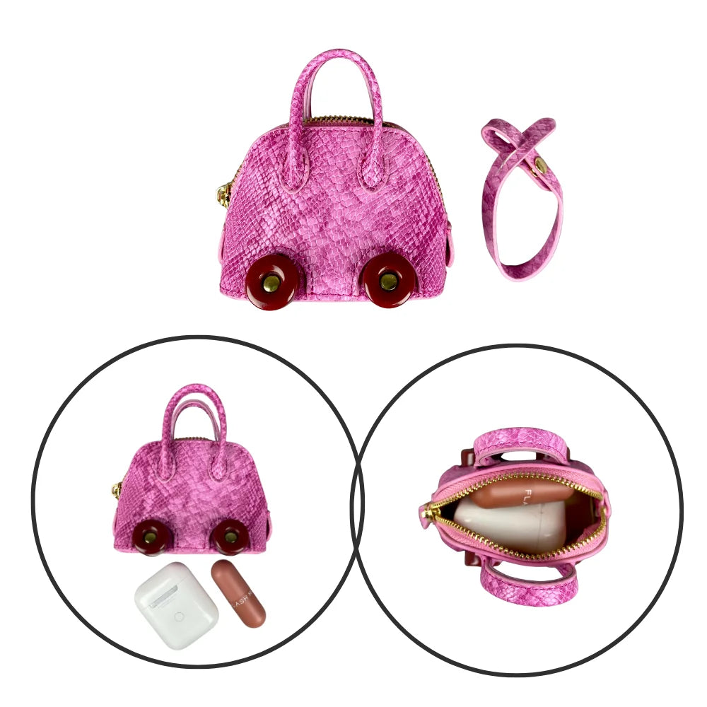 Leather Snake-Embossed Mini Bag-Earphones & Lipstick Pouch with Contrast Color Wheels-PU Leather-Bag Charm-Ideal Gift For Women
