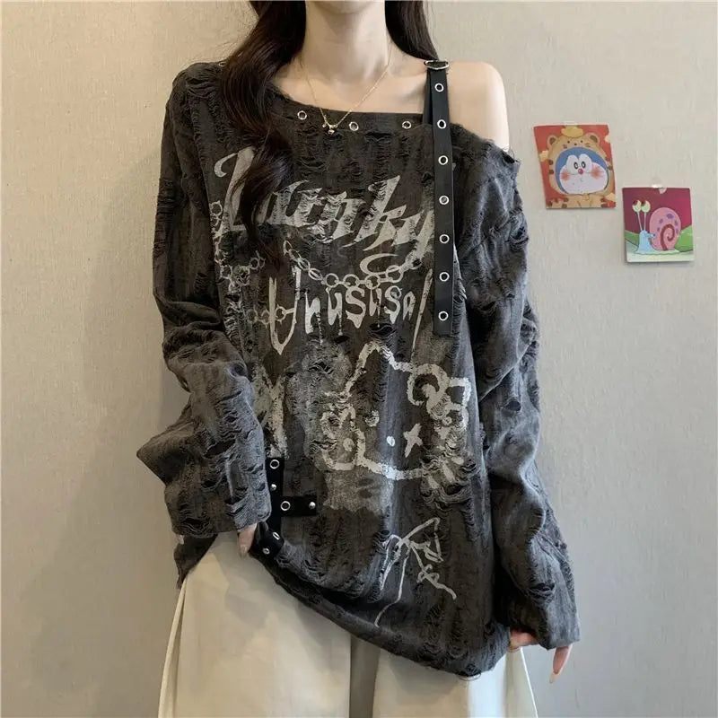 Loose and Slimming Oversized Women's T-shirt with Ragged and Faded V-neck and Off-shoulder Long Sleeves for Spring and Autumn