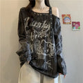 Loose and Slimming Oversized Women's T-shirt with Ragged and Faded V-neck and Off-shoulder Long Sleeves for Spring and Autumn