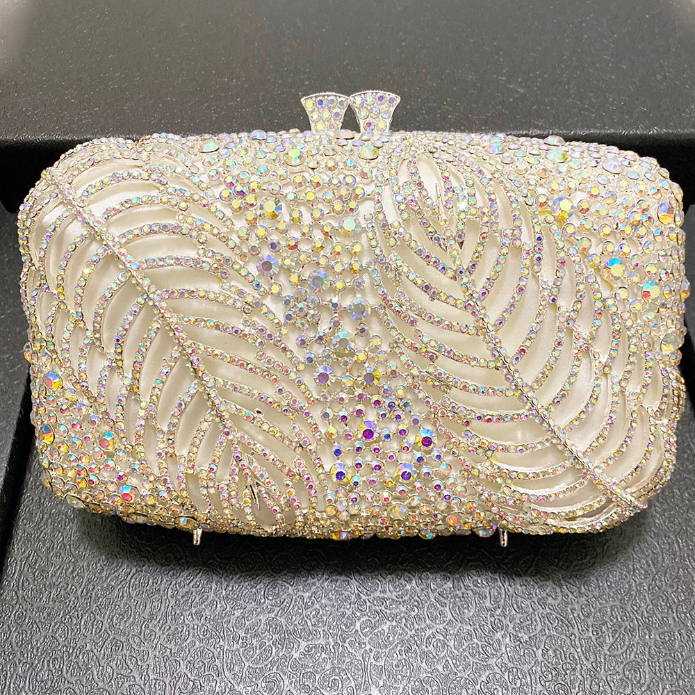 Silver Evening Clutches Diamond Wedding Purses WHTUOHENG Crystal Purses Rhinestone Clutch  Bags Leaves Women Party Handbags