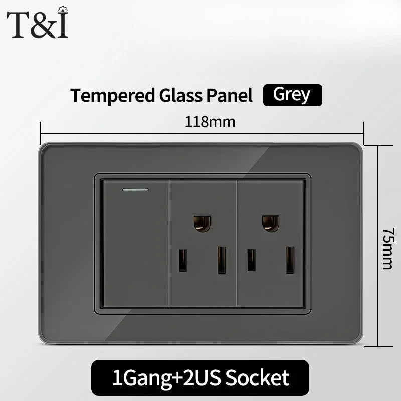 118*75mm TEMPERED GLASS SWITCH PANEL Wall Socket with USB Type - C, Grey US Switch, Thai Plug for Home & Office Use