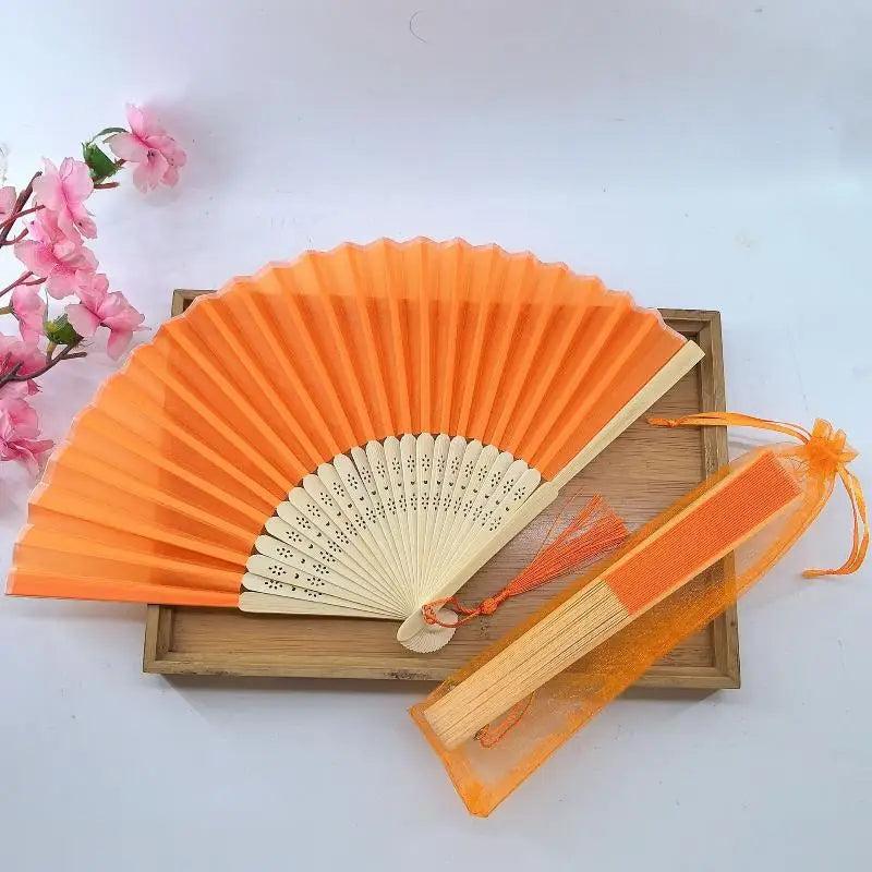 Chinese Style Folding Fan Wear Resist With Organza Bag Bamboo Hand Fan With Tassel Cooling Tool Silk Hand Fan Party Decoration