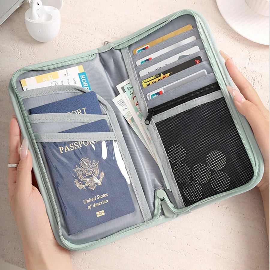 RFID Blocking Passport Holder Travel Document Organizer with Wrist Strap Multifunctional Zippered Wallet for Airline Tickets Car