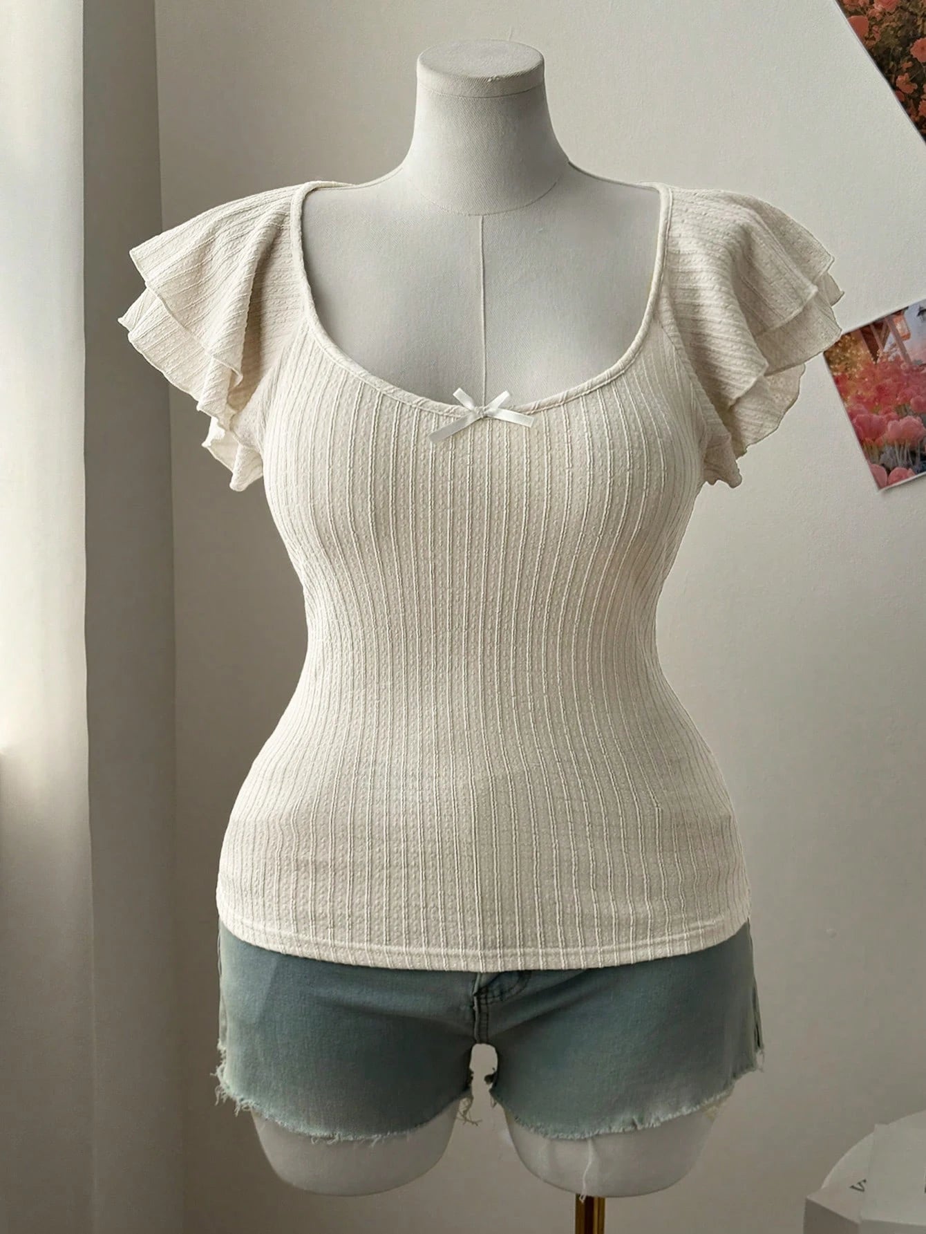 New women's fashion low-neck lace-sleeve bow-tie decoration plus-size women's T-shirt
