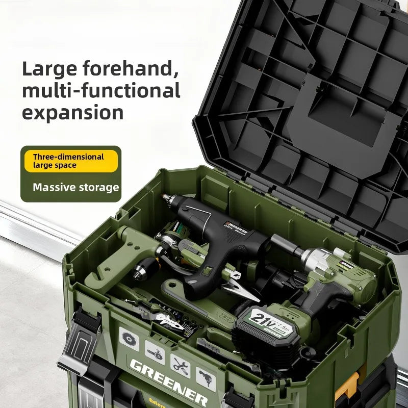 Stackable Toolbox Set Large Hardware Wide Storage Tote Luggage Rolling Handle Multi Function Organizer Box Tool Box Tool Chest
