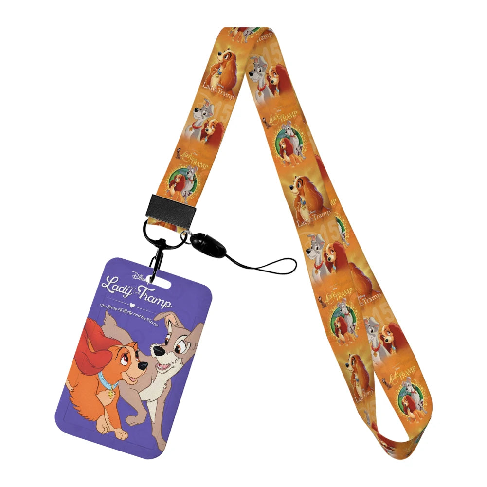 Disney Cartoon Lady and the Tramp Card Holder Anti-lost Neck Strap Lanyard ID Card Pendant USB Badge Clip DIY Keychain Accessory
