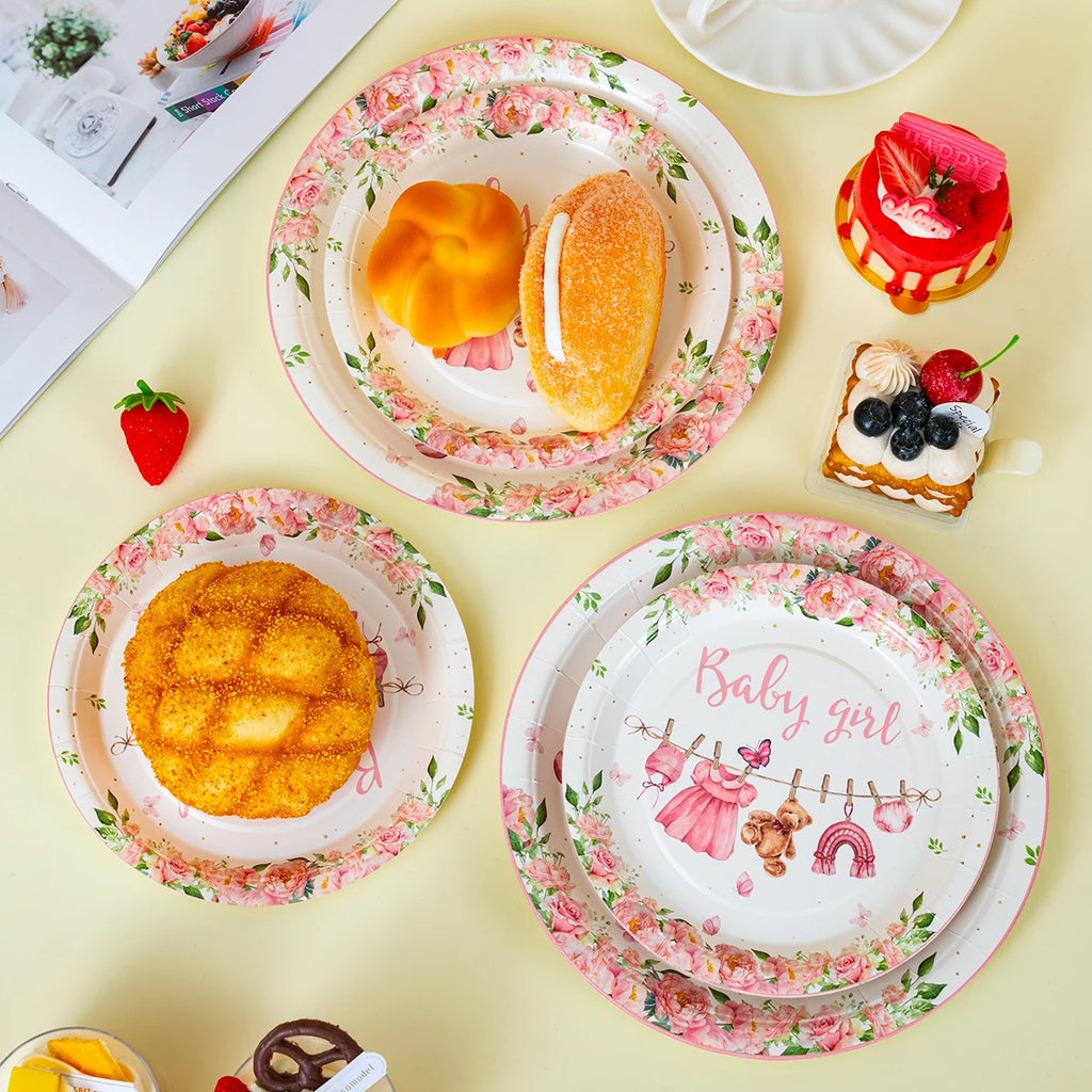 10/25/50pcs Pink Floral Baby Girl Disposable Paper Plates, Cute Themed Tableware for Baby Shower Decor