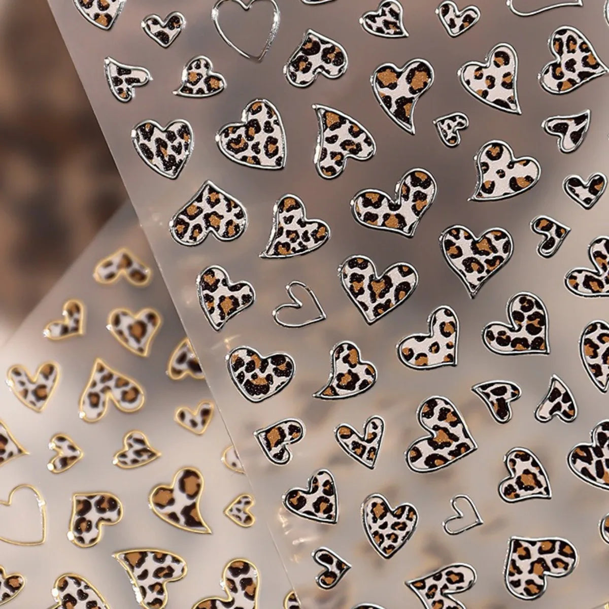 Vintage Leopard Print Heart Nail Stickers, Metallic Pink Leopard DIY Decor, Euro-American Style Asymmetrical Heart Nail Art
