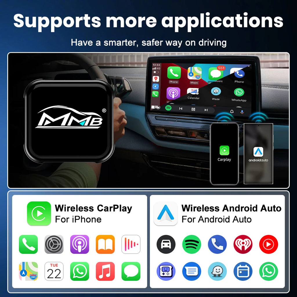 MMB Mini Ultra 2in1 Wireless CarPlay Adapter Android Auto Dongle Wired to Wireless CarPlay & Android Auto Plug&Play for 98% Cars