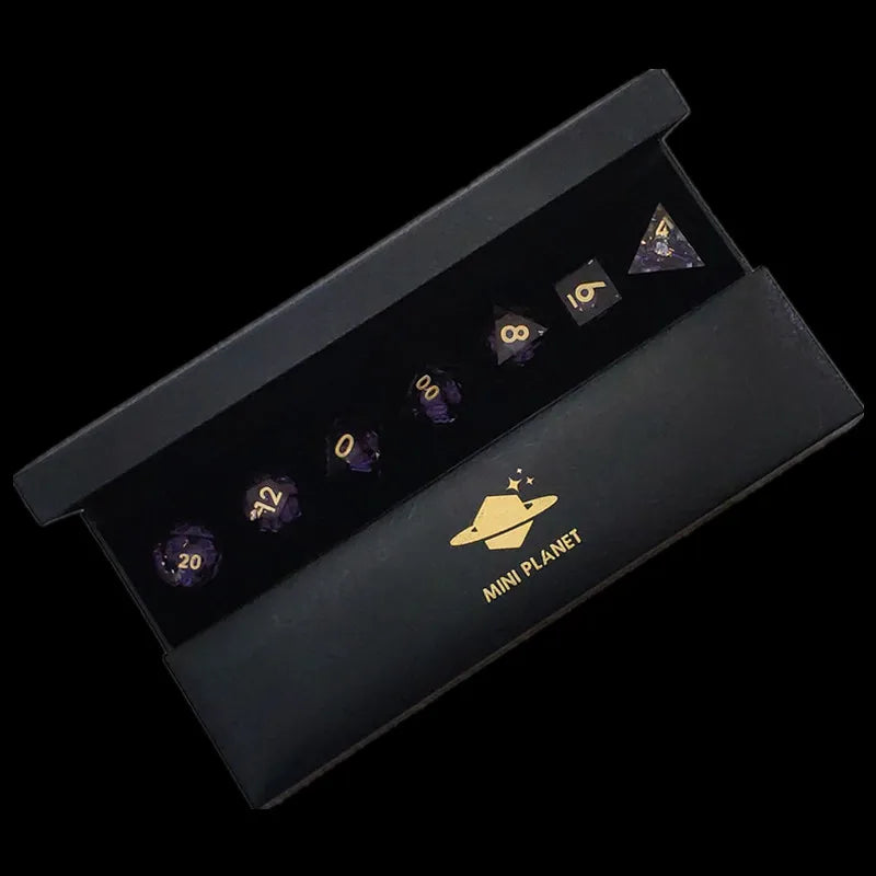 MINI PLANET Gold Sand Liquid Core Dice D&D Set Handmade Polyhedral Resin Dice With Sharp Edge For TRPG DND D6 D20 Dice Games