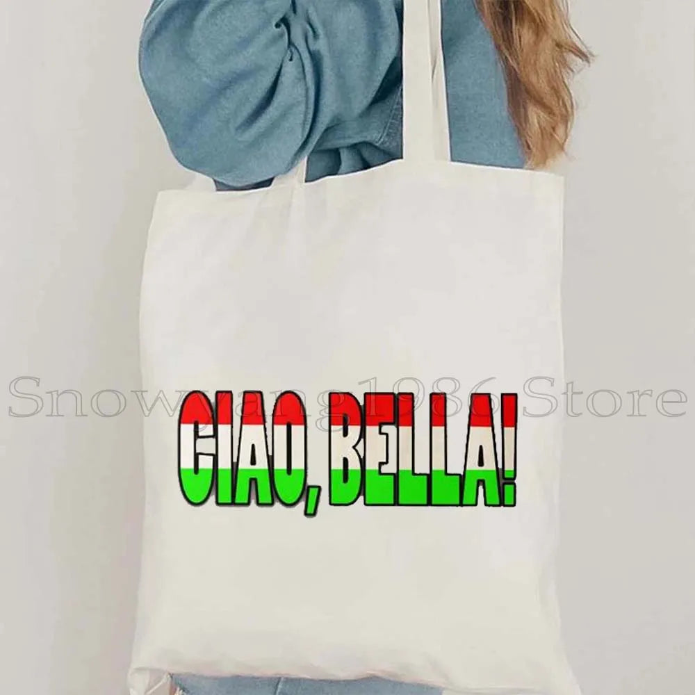 Funny Ciao Bella Saying Italy Flag Rome Colosseum Firenze Florence Panorama Italian Canvas Tote Bag Shopper Girl Casual Handbag