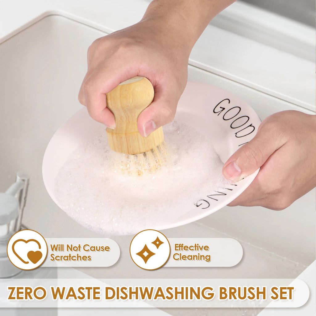 3/5Pcs Wooden Dish Brush Replaceable Long Handle Kitchen Cleaning Brush Set Natural Sisal Scrubbing Brush for Cleaning Pots Pan