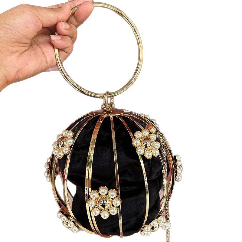 2025 Luxury Hollow Metal Clutch Floral Beaded Lantern Purse for Weddings Parties Evening Bag Chain Floral Ladies Handbags