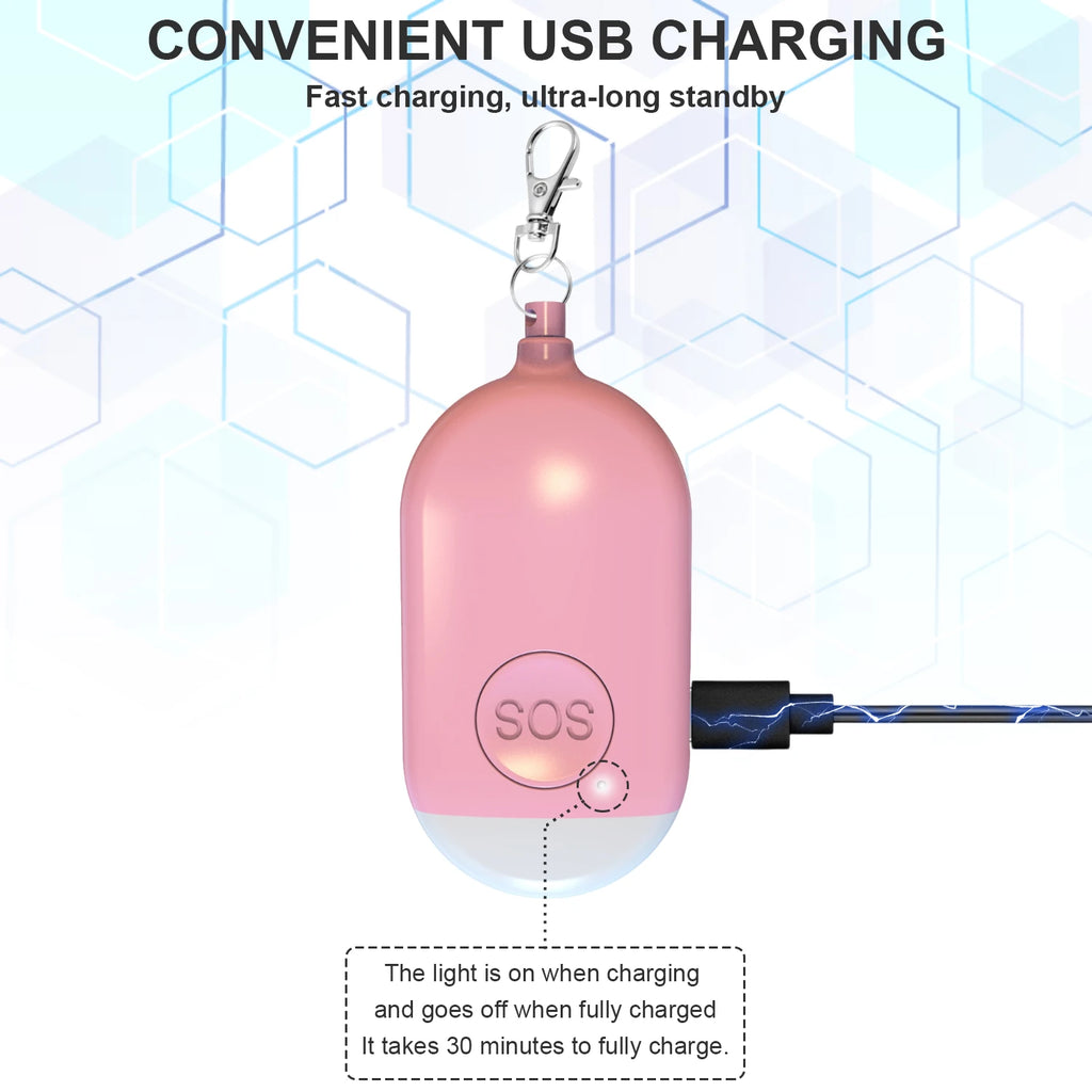 Rechargeable Self Defense Keychain Alarm 130dB Loud Emergency Personal Siren with Flashing Strobe Light SOS Safety Alert Device