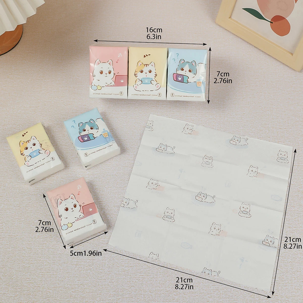9pcs/pack Fashionable Lucky Cat Handkerchief Paper Student Portable Small Pack Cartoon Printed Hand Tissue For Daily Cleaning
