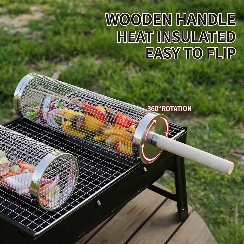 Stainless Steel Rolling BBQ Grill Basket, Wooden Handle Rotatable Mesh Barbecue Tube For Outdoor Camping Grilling
