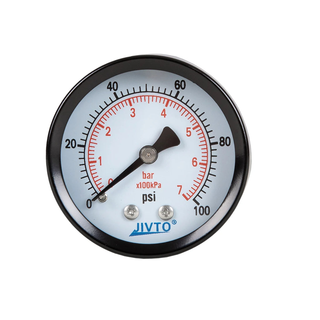 JIVTO Dry Pressure Gauge, Steel Case and Ring, 1-1/2" Dia,30, 60, 100 Psi & Bar, 1/8" NPT Back Mount, Glass Window