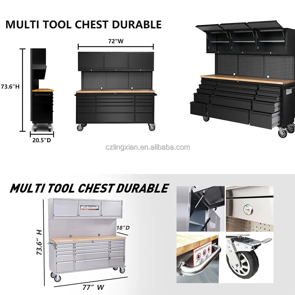 OEM Wholesale Stainless Steel Mobile Workbench Cabinet 72-Inch Rolling Large Tools Cabinet Garage With 15 Drawers