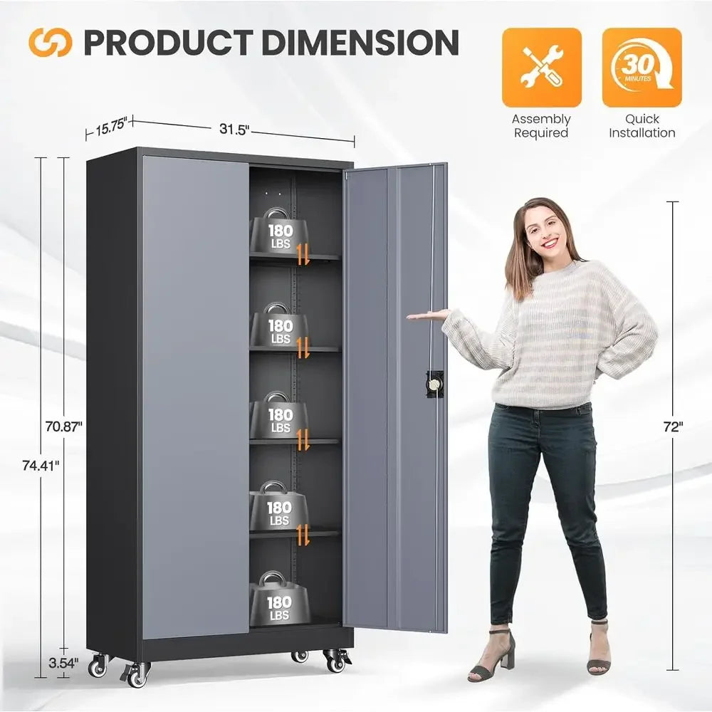 Heavy-Duty Rolling Storage Cabinet with Lock, 2 Doors and 4 Shelves, Tall Tool Cabinet on Wheels for Workshop/Home/Office - Blac